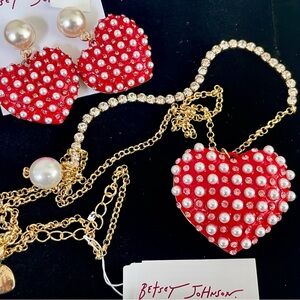 Betsey Johnson Red Puffy Heart Pendant Necklace Chunky Earrings Set In Gift Box